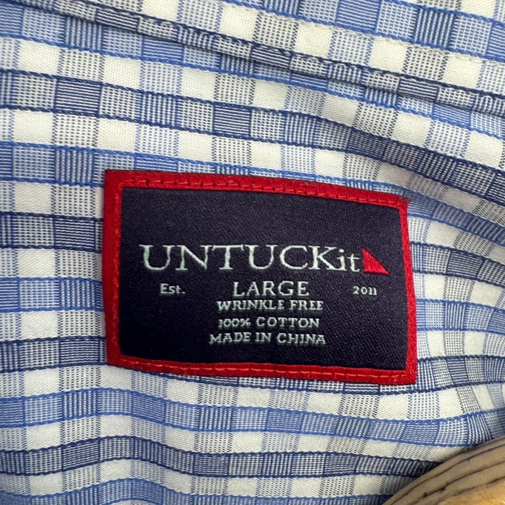 UNTUCKit Shirt Mens Large Blue Gingham Check Wrinkle Free‎ Cotton Button Down